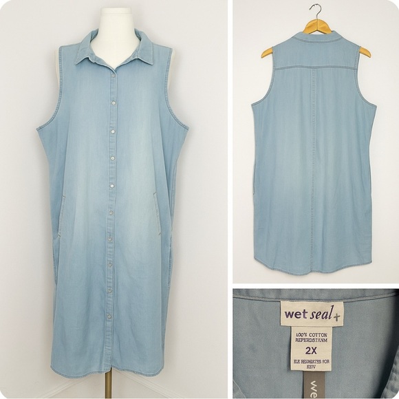 Vintage Wet Seal+ Sleeveless Chambray Denim Shirt Dress – Size 2X NWT Rare - Picture 1 of 6